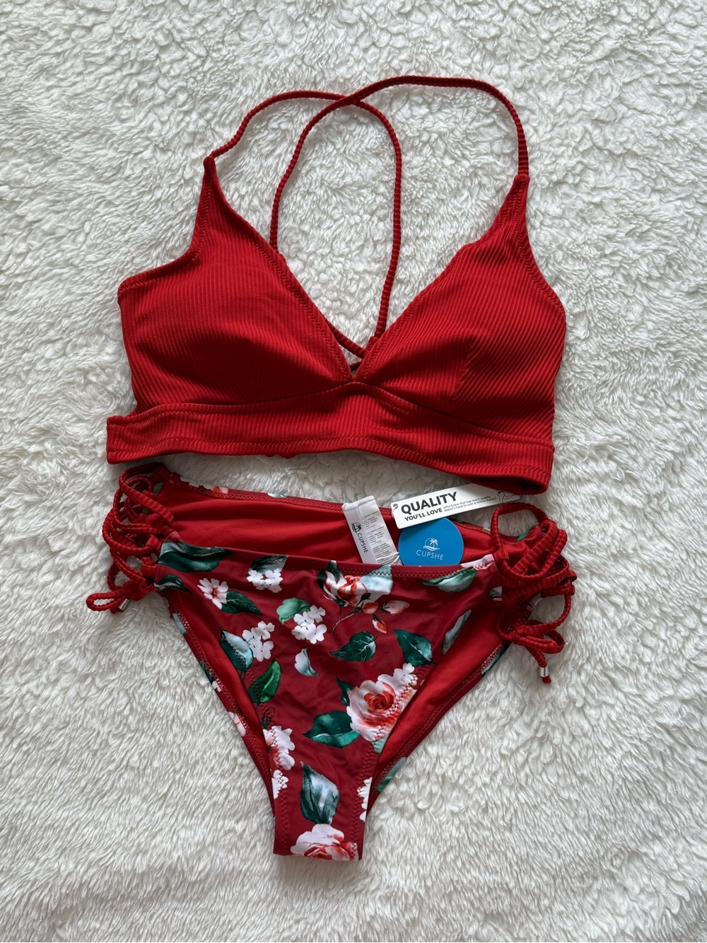 Cupshe Red Ribbed Bralette & Floral Tie-Side Bikini Set
